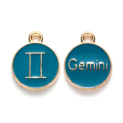 Gemini Alloy Enamel Pendants, Cadmium Free & Lead Free, Flat Round with Constellation, Light Gold, Dark Cyan, Gemini, 22x18x2mm, Hole: 1.5mm