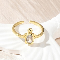 Настоящее золото 18K Открытые манжеты с прозрачным фианитом, стеллаж для латунных украшений для женщин, черепаха, без свинца и без кадмия, долговечный, реальный 18 k позолоченный, 16 мм, внутренний диаметр: 15.5 мм