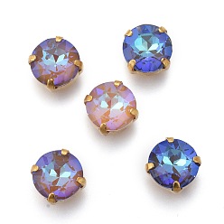 (52) Непрозрачная лаванда Шить на горный хрусталь, флуоресцентный стиль мокко, стекло горный хрусталь, с позолоченными латунными зубцами, граненые, плоско-круглые, Радуга цветов, разноцветные, 10x7 мм, отверстие : 1.2 мм