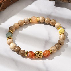 Цвет Древесины Браслеты из натурального полосатого агата и круглых бусин из дерева для мужчин и женщин, Голова Будды, со сплавом, деревесиные, внутренний диаметр: 2-1/4 дюйм (5.55 см)