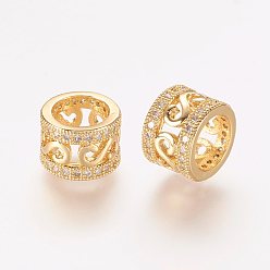 Golden Brass Micro Pave Cubic Zirconia Beads, Large Hole Beads, Column, Hollow, Golden, 10x7mm, Hole: 7mm