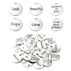 Античное Серебро 30 шт 6 стили подвески из сплава в тибетском стиле, плоские круглые со словом, античное серебро, 19.5~20 мм, отверстие : 2 мм, 5 шт / стиль