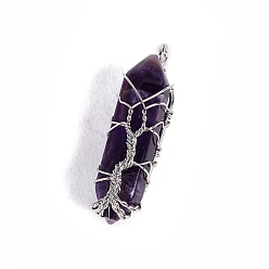 Amethyst Natural Amethyst Big Pendants, Platinum Tone Copper Wire Wrapped Bullet, Double Terminated Point Charms, 50x10x10mm