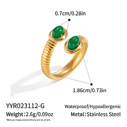 Gemstone 304 Stainless Steel Gemstone Cuff Open Rings for Women, Oval, Real 18K Gold Plated, Inner Diameter: 18.6mm