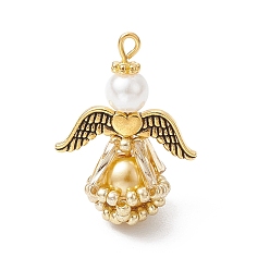 Светло-хаки Стеклянные жемчужины круглые бусины подвески, ангельские прелести, со стеклянными бусинами, крылом из сплава и железной петлей, светлый хаки, 27x20x12.5 мм, отверстие : 2 мм