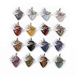Mixed Stone Natural & Synthetic Mixed Gemstone Pendants, Teardrop with Mask Charms, with Rack Plating Platinum Plated Brass Ruby Rhinestone Findings, 37~37.5x34.5~36x10~11mm, Hole: 6x4mm