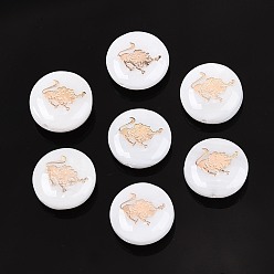 Лео Естественных пресноводных стеклянные бусы, с позолоченными элементами из травленой латуни, плоские круглые с двенадцати созвездий, цвет морской раковины, Лев, 11~12x4~6 мм, отверстие : 0.5~0.9 мм