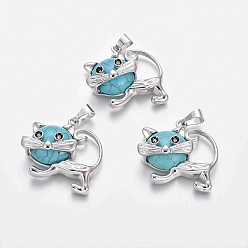 Синтетическая Бирюза Кулоны с котенком из синтетической бирюзы, с латунной фурнитурой платинового цвета, мультфильм кошка, 28x30x9 мм, отверстие : 5x7 мм