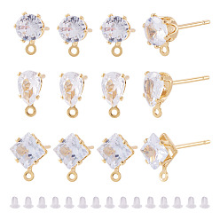 Mixed Shapes 18Pcs 3 Styles Brass Micro Pave Clear Cubic Zirconia Stud Earring Findings, with Loop, Long-Lasting Plated, Nickel Free, Real 18K Gold Plated, with 18Pcs Ear Nuts, Mixed Shapes, 7~9x4.5~7mm, Hole: 0.9mm, 6pcs/style