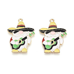Шампанско-Желтый Подвески из сплава и эмали, Санта-Клаус с гитарой, золотой свет, шампанское желтый, 34x25x1 мм, отверстие : 1.8 мм