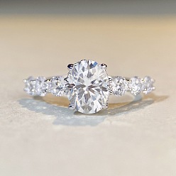 Платина Кольца для женщин с родиевым покрытием 925 из стерлингового серебра с паве 8.2x4.9мм муассанитом, овальные, платина, размер США 5 (15.7 мм)