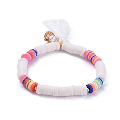 PapayaWhip Handmade Polymer Clay Heishi Beads Stretch Bracelets, with Cotton Thread Tassel Pendants and Alloy Charms, Shell with Pearl Shape, PapayaWhip, 2-1/8 inch(5.5cm)