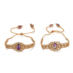 Amethyst Natural Amethyst Oval Braided Bead Bracelets, Wax Strings Adjustable Bracelet, Inner Diameter: 2-3/4~4 inch(7.1~10.1cm)