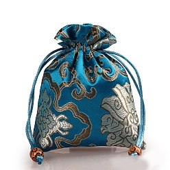 Dodger Blue Rectangle Cloth Flower Printed Drawstring Gift Bags, Storage Bags, Dodger Blue, 14x11cm
