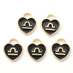 Весы Подвески из эмалевого сплава с покрытием из легкого золота, созвездий, черное сердце, Весы, 14x12x1.8 мм, отверстие : 4 мм