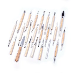 Wood Pottery Sculpting Tool Set, Stainless Steel Wooden Handle Clay Carved Knives Tool Suit, 27x11.7x12cm, 22pcs/set