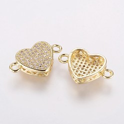 Golden Brass Micro Pave Cubic Zirconia Links, Heart, Golden, 18x11.5x4mm, Hole: 2mm