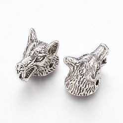 Античное Серебро Сплавочные овальные бусины тибетского стиля , волк, античное серебро, 11x11.5x18 мм, отверстие : 1.6 мм