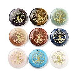 Смешанные камни Резные подвески из смешанных натуральных и синтетических драгоценных камней, плоская круглая с подвесками дерево жизни, смешанные окрашенные и неокрашенные, 30x7 мм, отверстие : 1.8 мм