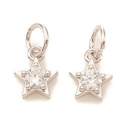 Platinum Brass Micro Pave Cubic Zirconia Charms, with Jump Rings, Star, Clear, Platinum, 6.5x5x2mm, Jump Ring: 4x0.6mm, Hole: 2.5mm