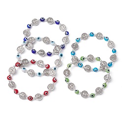 (52) Непрозрачная лаванда Эластичный браслет из бисера и сплавов сглаза лэмпворк, браслет с медалью Святого Бенедикта, разноцветные, внутренний диаметр: 2-1/8 дюйм (5.45 см)