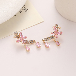 Pink Серьги-гвоздики из сплава и кубического циркония, бабочка со слезой, золотые, розовые, 39x14 мм