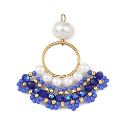 Blue 304 Stainless Steel & Glass Seed Beaded Pendants, Fan Charm, Blue, 43x37x8.5mm, Hole: 2.5mm