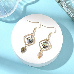 Rhombus Женские серьги-подвески из натуральной раковины пауа и нержавеющей стали, с 304 нержавеющей стали серьги крючки, золотые, ромб, 53x18 мм