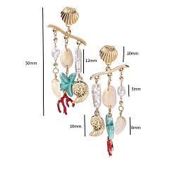 Золотой Океанская тема 304 серьги-гвоздики в форме ракушки из нержавеющей стали и фарфора, с искусственным жемчугом и эмалью, золотые, 50 мм