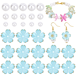 Cyan 120Pcs Acrylic Bead Caps, 5-Petal Flower, with 90Pcs ABS Plastic Imitation Pearl Beads, Round, Cyan, 17.5x18x5mm, Hole: 1.2mm
