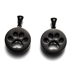 Electrophoresis Black 304 colgantes para mascotas de acero inoxidable, pulido manual, redonda plana con huellas de perros, revestimiento de iones (ip), electroforesis negro, 21.5x18x3 mm, agujero: 6x2.5 mm