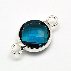 Marineblau Flache runde Gliederverbinder aus versilbertem Messingglas, facettiert, marineblau, 23x16x5.5 mm, Bohrung: 1.5 mm