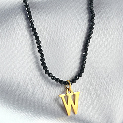 Letter W 304 подвеска из нержавеющей стали с инициалом, ожерелья из граненых круглых бусин черного стекла для женщин, золотые, Буква W, 15.35 дюйм (39 см)
