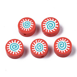 Rot Manuell Polymer Ton Perlen, für DIY Schmuck Bastelbedarf, flach rund mit Sonne, rot, 9.5x4.5~5 mm, Bohrung: 1.6 mm