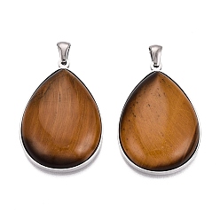 Tiger Eye Natural Tiger Eye Pendants, 304 Stainless Steel Teardrop Bezeled Charms, Stainless Steel Color, 36~36.5x25~25.5x7.5~8.5mm, Hole: 5x3mm