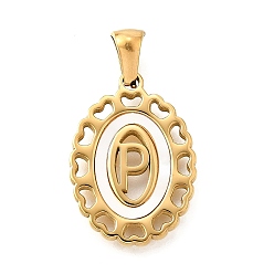 Letter P Золотые подвески 304 из нержавеющей стали, с оболочкой, полый овал с сердцем, Письмо P, 23x16.5x2 мм, отверстие : 5.5x3 мм