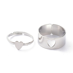 Platinum Alloy Adjustable Rings Set, Couple Rings, Heart, Platinum, 2~9mm, Inner Diameter: 17~18mm, 2pcs/set