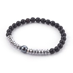 Black Agate Natural Black Agate(Dyed) Beads Stretch Bracelets, with Non-Magnetic Synthetic Hematite Beads, 2-1/2 inch(6.3cm)