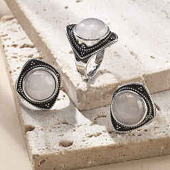 Розовый Кварц Регулируемые кольца из натурального розового кварца, старинные латунные кольца серебряного тона, ромб, 22 мм, внутренний диаметр: 18 мм