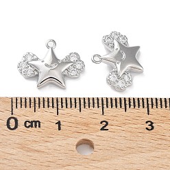 Real Platinum Plated Brass with Clear Cubic Zirconia Charms, Star & Wing, Real Platinum Plated, 11.5x15x3mm, Hole: 1mm