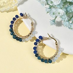 Blue Dyed Natural Malaysia Jade Rondelle Bead & 201 Stainless Steel Hoop Earrings, 304 Stainless Steel Hoop Earrings, Golden, Blue, 32x4mm