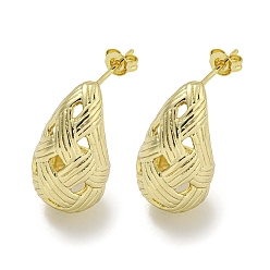 Golden Teardrop Texture Hollow Brass Stud Earrings for Women, Cadmium Free & Lead Free, Long-Lasting Plated, Golden, 23x12mm