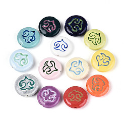 (52) Непрозрачная лаванда Ручной фарфоровые керамические шарики, плоские круглые с рисунком птицы, Famille выросли стиле, разноцветные, 23.5~24.5x8 мм, отверстие : 2.5 мм
