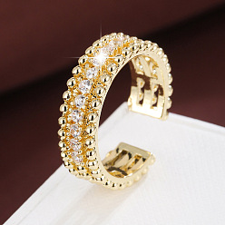 Golden Brass Micro Pave Cubic Zirconia Cuff Open Rings, Golden, 15~20mm