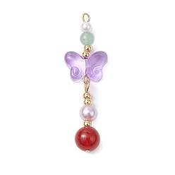 Фиолетовый Подвески из натурального сердолика и стекла, бабочка, с золотистой латунной петлей, фиолетовые, 47x14.5x8 мм, отверстие : 1.6 мм
