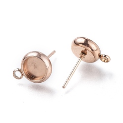 Rose Gold Ion Plating(IP) 304 Stainless Steel Stud Earring Settings, with Loop, Flat Round, Rose Gold, Flat Round: 11x8.3mm, Hole: 1.6mm, Pin: 0.8mm, Tray: 6mm