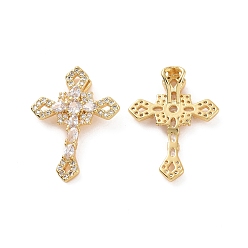 Clear Rack Plating Brass Micro Pave Cubic Zirconia Pendants, with Jump Ring, Long-Lasting Plated, Real 18K Gold Plated, Cadmium Free & Lead Free, Religion Cross Charm, Clear, 24.5x18.5x5mm, Hole: 2x1mm