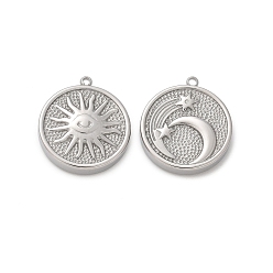 Нержавеющая Сталь Цвет 304 подвески из нержавеющей стали, круглая плоская подвеска с луной и солнцем, анти-тускнение, цвет нержавеющей стали, 20.5x18x4.5 мм, отверстие : 1.4 мм