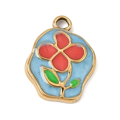 Deep Sky Blue 303 Stainless Steel Enamel Pendants, Nuggets with Flower Charms, Ion Plating(IP), Golden, Deep Sky Blue, 21x16x2.5mm, Hole: 2.5mm