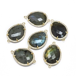 Лабрадорита Соединители из натурального лабрадорита, с латунной фурнитурой и кубическим цирконием, граненые, слеза, золотые, 27.5~28x18~18.5x5.5 мм, отверстие : 1.6 мм